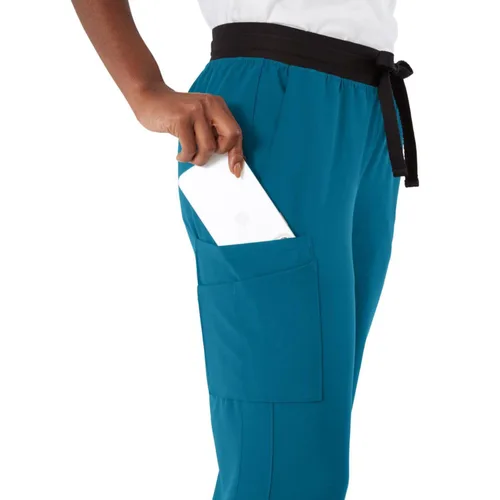 Miniatura 3 de ave. Varick - Pantalón médico de tiro medio para mujer, pierna recta, seis bolsillos, color azul caribeño, talla S