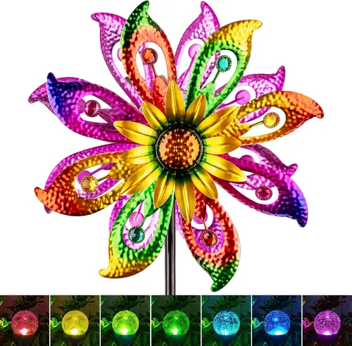 Miniatura 12 de Molinillo de viento solar de 360° con luces, girasol, jardín, decoración al aire libre, patio, césped, decoración artística para patio, molinos