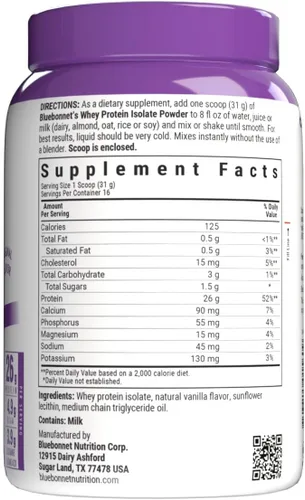 Miniatura 2 de Bluebonnet Nutrition Whey Protein - Polvo aislado de proteína de vacas alimentadas con pasto, sin azúcar añadido, sin gluten ni soja, lácteos