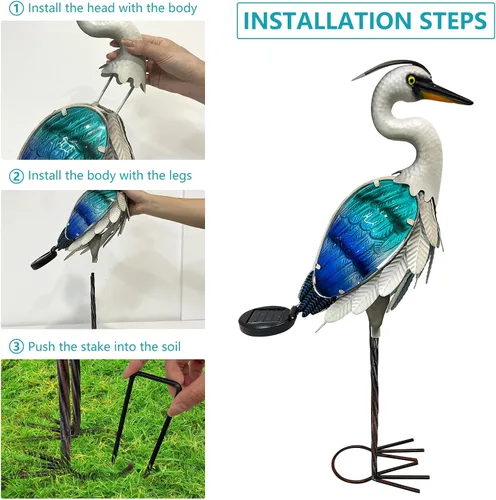 Miniatura 9 de HONGLAND Estatua de grúa de metal solar para jardín, escultura de garza de cristal al aire libre, decoración de pájaro costero del océano