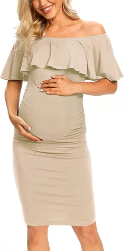 Miniatura 3 de Vestido de maternidad ajustado con volantes y hombros descubiertos, vestido de embarazo formal para baby showerfotografía
