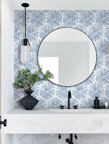 Miniatura 2 de Guvana Papel Tapiz Despegar y Pegar de 17.3''×118'' Papel Tapiz Azul y Blanco Geométrico Moderno Papel de Contacto para Baño Dormitorio Rayado Papel