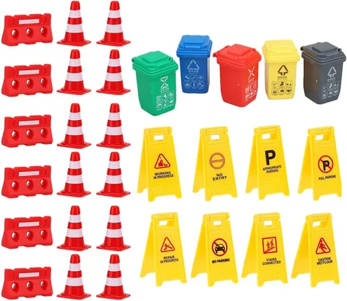 TOYANDONA 31 piezas de señales de tráfico para niños, conos de tráfico de plástico en miniatura, mini barril, juego educativo piezas para niños y
