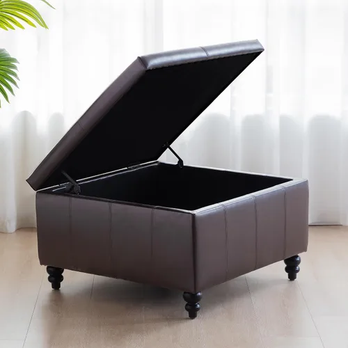 Miniatura 4 de HUIMO Otomana cuadrada de cuero para almacenamiento, mesa de centro otomana con almacenamiento para sala de estar (marrón)