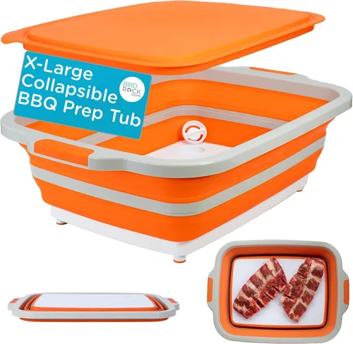 Miniatura 11 de BIRDROCK HOME Tina plegable grande de preparación para barbacoa con tabla de cortar, organizador de parrilla multifunción con colador y tapa, cuenco