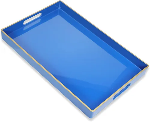 Miniatura 8 de Bandeja decorativa redonda azul con asas, bandeja de servir elegante de 13" para mesa de café, estilo otomano para sala de estar, baño, exteriores