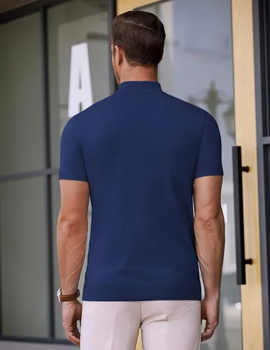 Miniatura 7 de COOFANDY Suéter de cuello alto falso para hombre, de manga corta, color sólido, básico, ajustado, de punto
