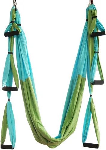 Miniatura 5 de Juego de hamaca aérea de yoga con 2 correas de extensiones y kit de montaje en techo, equipo para colgar inversión de yoga Azul y Verde