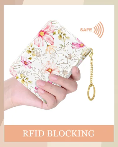 Miniatura 4 de Rouidr Tarjetero de crédito para mujer, pequeña cartera organizadora de tarjetas RFID delgada con cremallera y llavero, Elegante diseño floral.