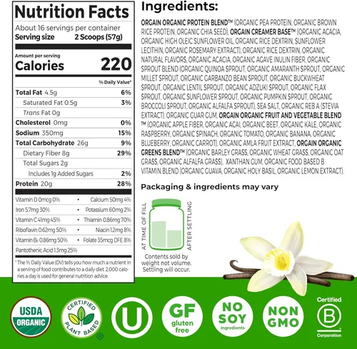 Miniatura 2 de Orgain Proteína orgánica vegana de reemplazo de comidas, vainilla en polvo, 0.71 oz de proteína a base de plantas, sin gluten, sin lácteos, sin