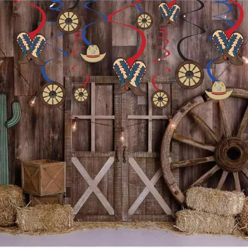 Miniatura 3 de Decoraciones de remolinos colgantes para fiestas occidentales, 5 y 7 pulgadas (paquete de 12) – Remolino rojo y azul con recortes de vaquero