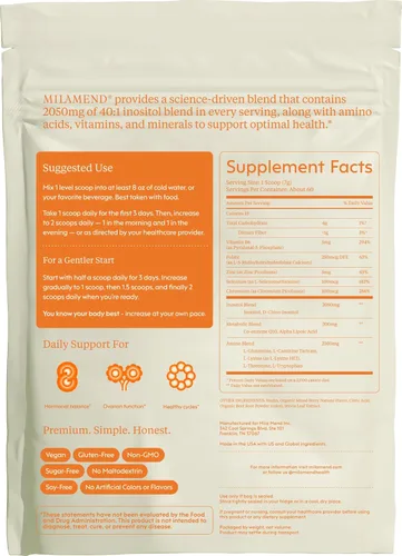 Miniatura 10 de Milamend Equilibrio Hormonal para Mujeres 40:1 Myo-Inositol D-Chiro Inositol Suplemento + CoQ10, ALA y Aminoácidos – Fertilidad, Apoyo Ovarico
