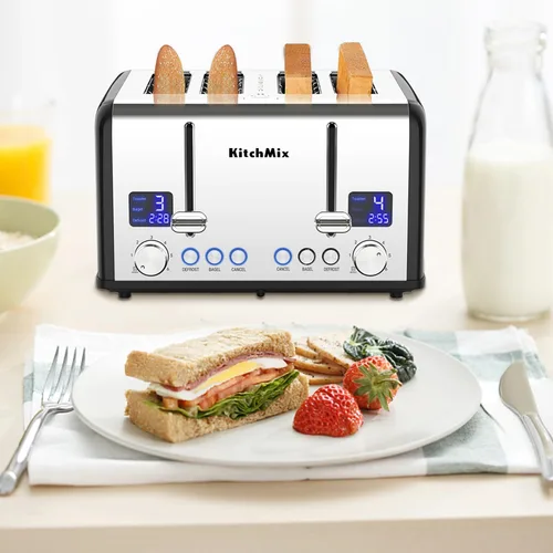 Miniatura 8 de Tostadora de 4 rebanadas, tostador de panecillos de acero inoxidable KitchMix con temporizador LCD, ranuras extra anchas, pantalla dual, bandeja