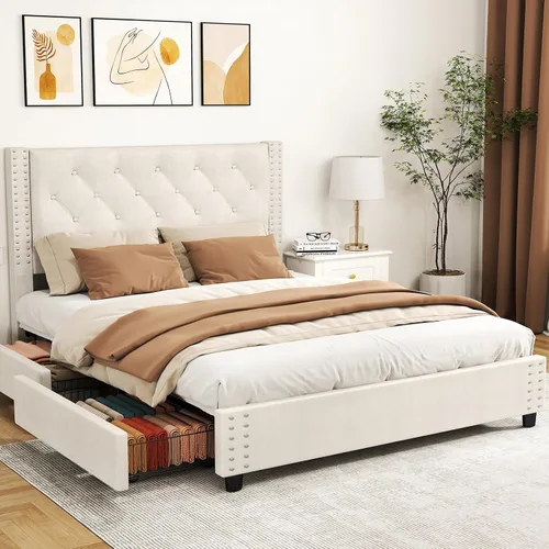 EVLIQUIL - Marco de cama de tamaño matrimonial con 4 cajones de almacenamiento y cabecero, color beige | Upholstered Platform Bed Frame with Wood