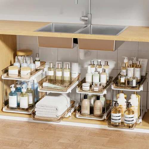 Miniatura 15 de Delamu - Organizadores y almacenamiento de 2 niveles para debajo del fregadero del baño, multiuso, apilables, organización de cocina y despensa