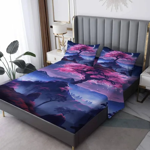 Miniatura 7 de Juego de sábanas de 3 piezas con estampado de flor de cerezo, tamaño individual, diseño de árbol de Sakura, sábanas y fundas de almohada, sábana