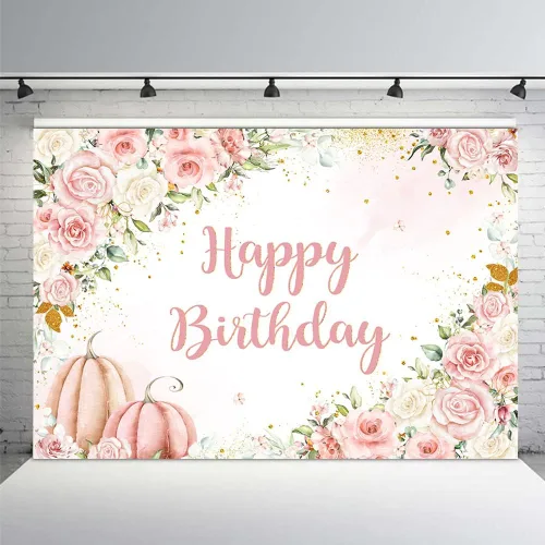 Miniatura 7 de MEHOFOND Fondo de otoño de 7 x 5 pies, calabaza de feliz cumpleaños, hierba de las pampas, puntos dorados con purpurina floral para niños, fondo