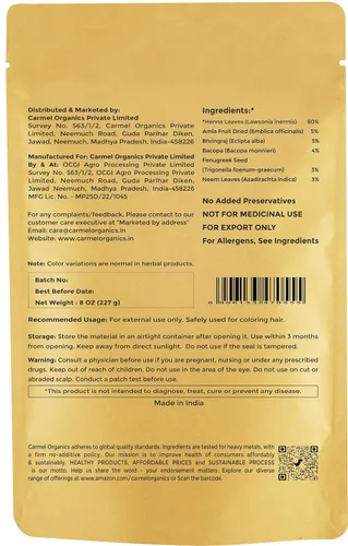 Miniatura 2 de CARMEL ORGANICS Hojas de henna en polvo (8 onzas o 8.01 oz) para el color del cabello Hecho con hojas de henna naturales y puras Sin