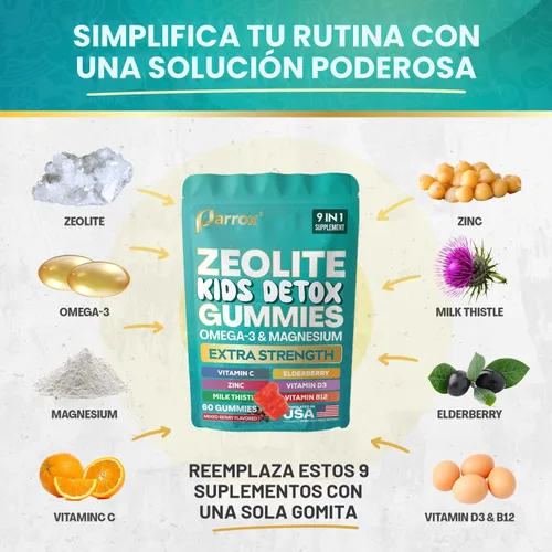 Miniatura 5 de Zeolite Kids - Gomitas 9 en 1 con zeolita, omega-3, magnesio, saúco, vitamina C, cardo mariano, vitamina D3, zinc, B12, sin azúcar