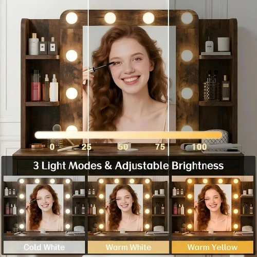 Miniatura 5 de Haewon Escritorio de tocador con espejo y luces, tocador de maquillaje con 10 bombillas LED y 3 modos de color, juego de tocador con tomas