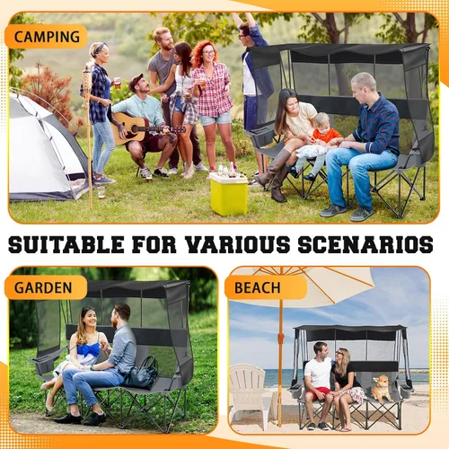 Miniatura 7 de Teenyyou Silla de camping para 3 personas con toldo – Silla de playa de gran tamaño con protección solar UV, sofá biplaza plegable de alta
