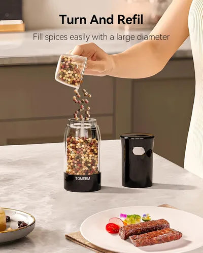 Miniatura 7 de TOMEEM Juego de molinillo eléctrico de sal y pimienta, recargable con indicador de alimentación LED, molienda ajustable de 5 niveles, luz LED, Negro