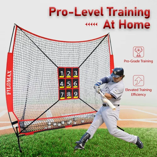 Miniatura 5 de Red de práctica de béisbol y softbol de 7 x 7 pies con zona de golpe numerada, red de entrenamiento de lanzamiento portátil resistente