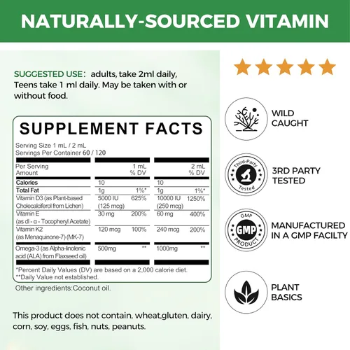 Miniatura 2 de Mulittea Líquido orgánico de vitamina D3 K2 con aceite de linaza y coco MCT vegano Omega-3, 10000 UI, líquido de vitamina D, sin rellenos, K2 sin