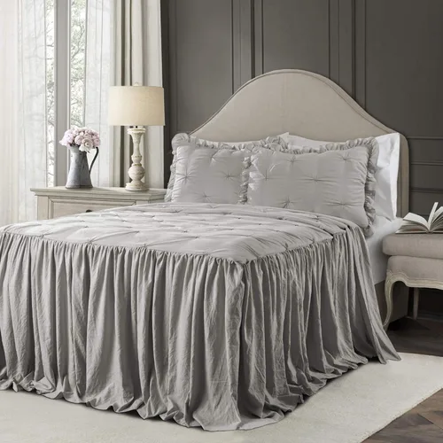 Miniatura 8 de Lush Decor Ravello - Juego de colcha con faldón de volantes y pliegues - Juego de ropa de cama de lujo de 2 piezas con volantes - Decoración de Gris