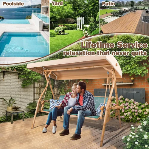 Miniatura 6 de ZZW Columpio de patio para 3 personas para adultos con toldo ajustable y portavasos mejorados, tela de textileno, silla de columpio con soporte Verde