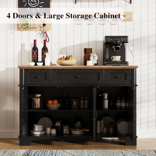 Miniatura 4 de BestHaped Armario de buffet de granja con almacenamiento, aparador negro con estantes ajustables y 3 cajones, mesa de buffet, barra de café, bar