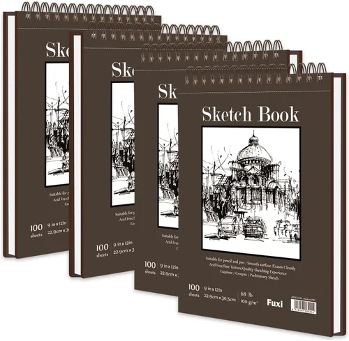 Cuaderno de bocetos de 9 x 12 pulgadas, bloc de bocetos con espiral superior, paquete de 4 blocs de 100 hojas cada uno (68 libras/3.53 oz/m² - 100