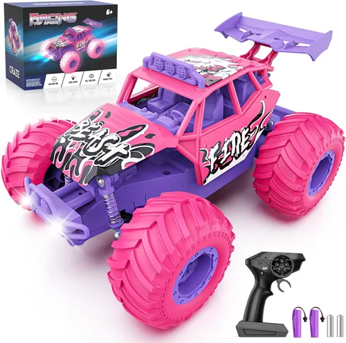 Auto a control remoto, autos RC todo terreno con interruptor de velocidad, camión RC con faros LED y baterías recargables, juguete Monster Truck de