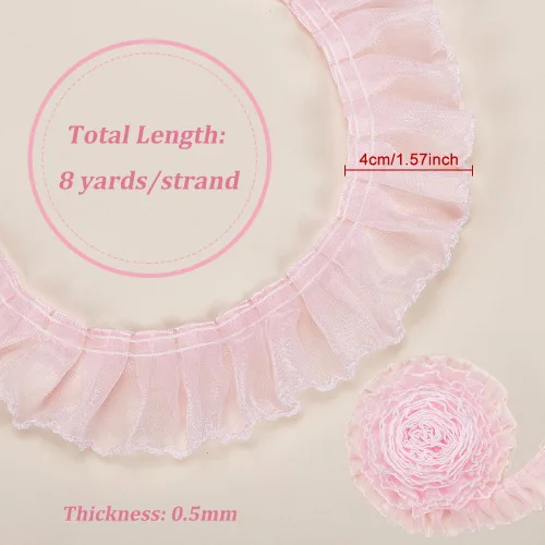 Miniatura 2 de BENECREAT Cinta de encaje plisada de poliéster de 8 yardas, 1.57 pulgadas de ancho, color rosa con borde blanco, cinta de encaje con volantes