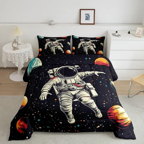 Miniatura 14 de Manfei Juego de edredón de astronauta de dibujos animados, tamaño individual, juego de ropa de cama colorido de cielo estrellado galaxia para niños