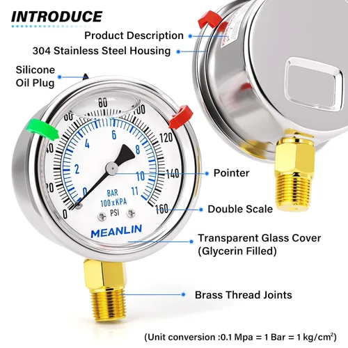 Miniatura 16 de MEANLIN MEASURE Medidor de presión de acero inoxidable relleno de líquido de 0 ~ 300 psi, esfera de cara NPT de 2 pulgadas para compresor de aire