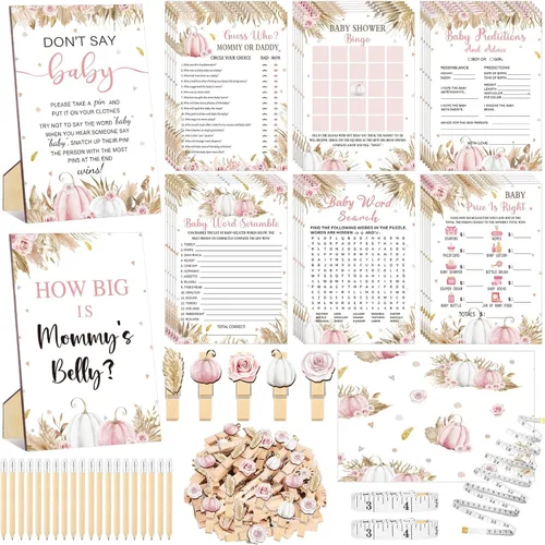Miniatura 35 de Funnymoom Juego de 426 juegos de baby shower con lazo rosa, 8 juegos, incluye bingo de baby shower, precio correcto, adivina quién, revuelto
