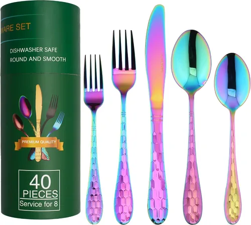 Rainbow - Juego de cubiertos de 40 piezas, utensilios coloridos de acero inoxidable 18/10, juego de cubiertos de servicio para 8, incluye cuchillo,