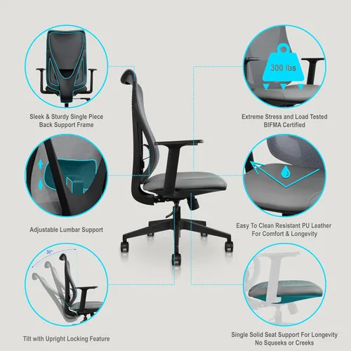 Miniatura 7 de 2xhome Silla de oficina ergonómica Silla de escritorio de malla de respaldo alto Soporte lumbar ajustable de inclinación reclinable Asiento
