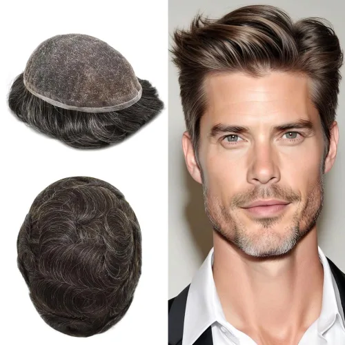 Miniatura 31 de Toupee For Men Real Human Hair System Mens Hair Piece Breathable Mens Toupee Durable Men Hairpiece 6X8#1 Jet Black 80% Density