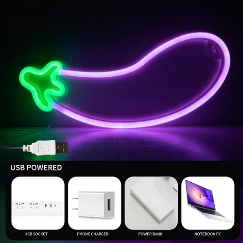 Miniatura 7 de ENUOLI Letreros de neón de berenjenas, luces LED de neón de berenjena morada, luces LED decorativas para decoración de pared, lámparas nocturnas
