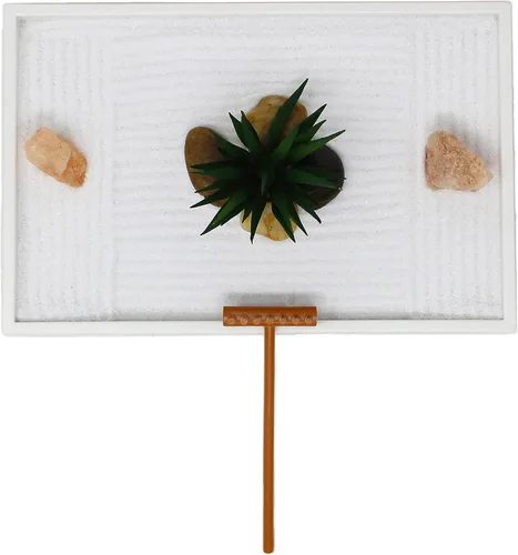 Miniatura 3 de Kit de jardín zen mini de Nature's Mark para escritorio con arena blanca, rastrillo, base blanca, roca de sal y planta aérea (hexágono)