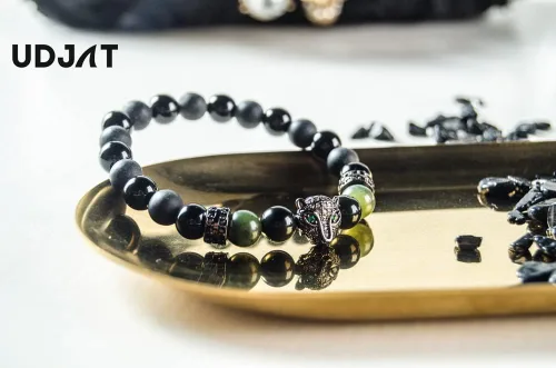 Miniatura 7 de Udjat Pulsera de cabeza de leopardo de pantera negra de la suerte, jade elástico hecho a mano, pulseras de chakras para mujer, pulsera de jade