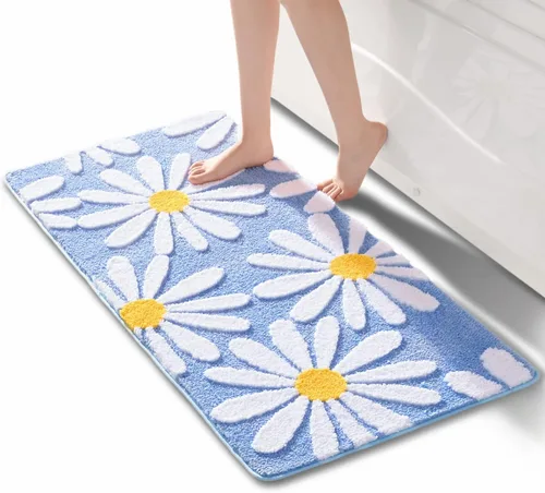 QJHOMO Alfombra de baño azul con diseño de margaritas, decoración de flores blancas y amarillas, alfombra antideslizante de microfibra, súper Azul y