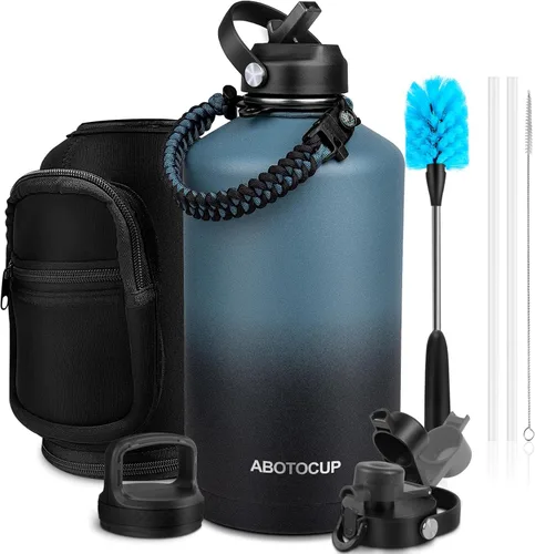 Miniatura 6 de ABOTOCUP Botella de agua de 64 onzas con recubrimiento en polvo, botella de agua aislada de acero inoxidable con tapas de popote y asa de paracord