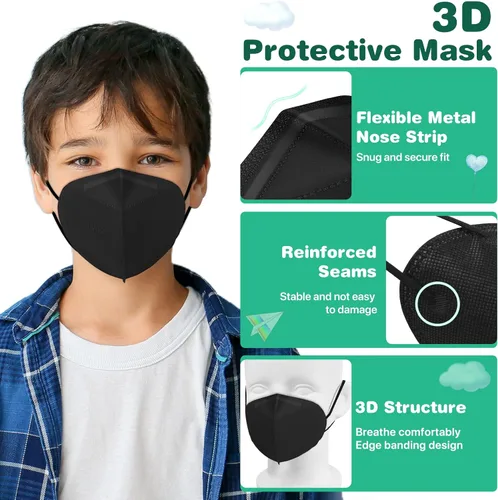 Miniatura 5 de XDX Mascarillas KN95 para niños, paquete de 50 mascarillas desechables negras envueltas individualmente, mascarillas KN95 de 5 capas para niños