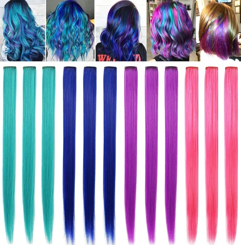 12 extensiones de cabello de colores rectas de 20 pulgadas, extensiones de cabello sintético con clip, color arcoíris, con reflejos, para fiesta,
