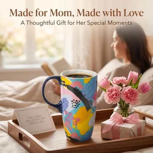 Miniatura 7 de Topadorn Taza de café de cerámica de 17 onzas con tapa, taza abstracta de los años 80, taza de té de porcelana de graffiti colorido, apta
