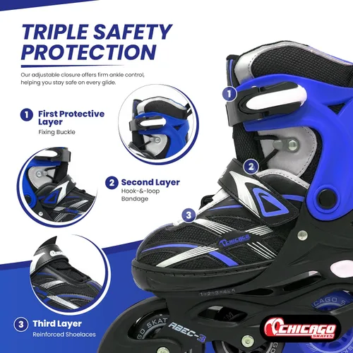 Miniatura 4 de Chicago Inline Skates for Kids – Durable Top Performance Roller Blades with Secure Fit, Breathable Mesh Boot & Power Strap – 70mm Urethane Wheels