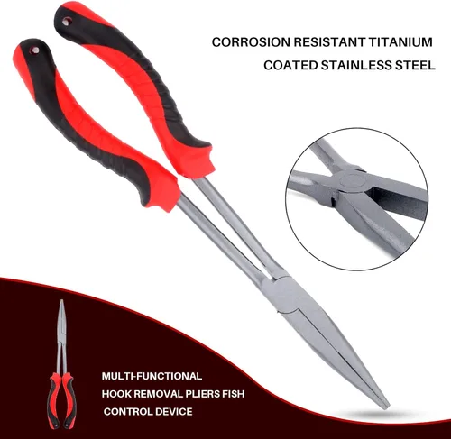 Miniatura 3 de Hikary Alicates de pesca de nariz larga, cortador de trenzas de acero inoxidable, pinza de pesca multiherramienta para agua dulce y salada Rojo-11
